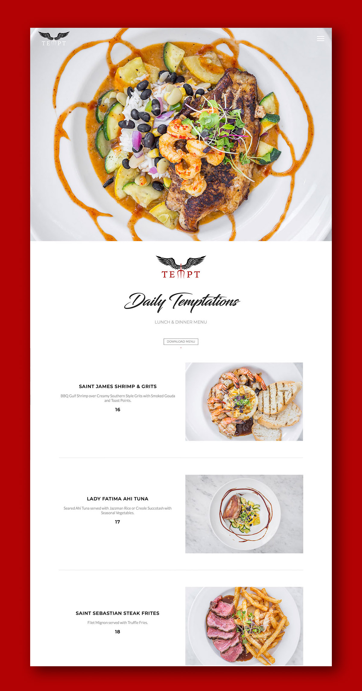 Web Design, Brand Development & Professional Photography for Restaurants - Tempt - Palm Island Creative